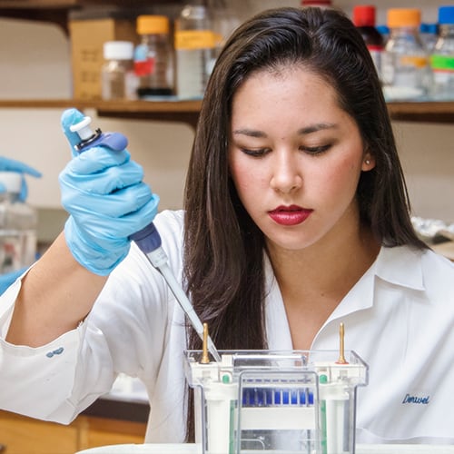 Student using a pipette in the lab.