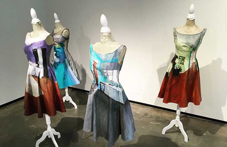 Annabelle DeCamillis, “Privacy,” 2015; “Clean,” 2017; “Tired,” 2017; “Work,” 2017; oil on handmade dresses