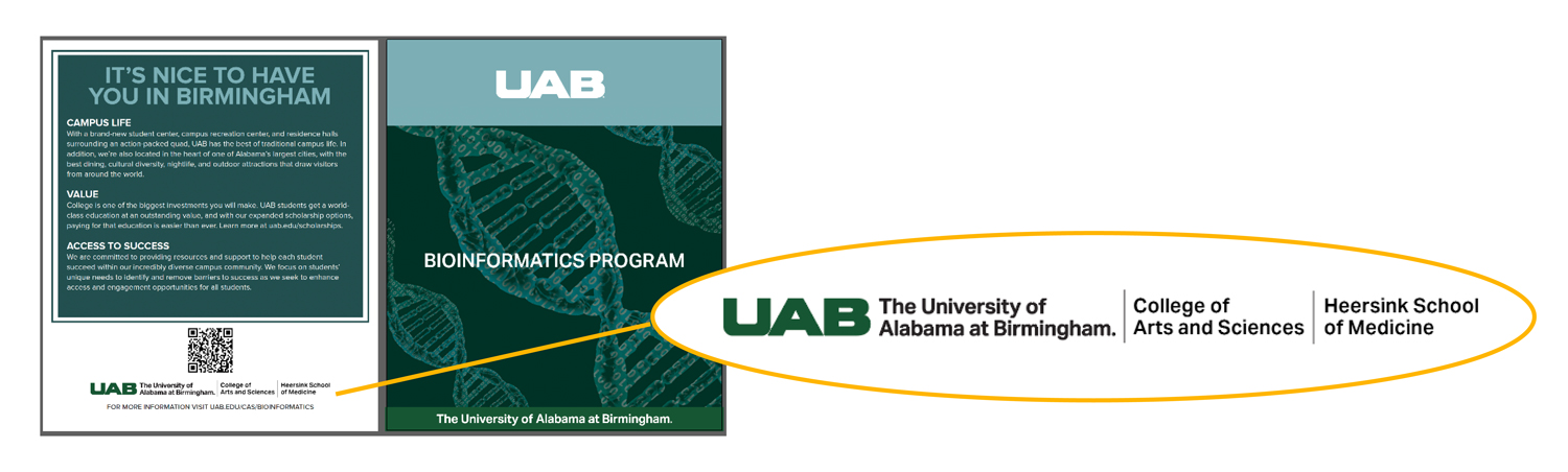 Graphic showing university logo usage on internal co-branding