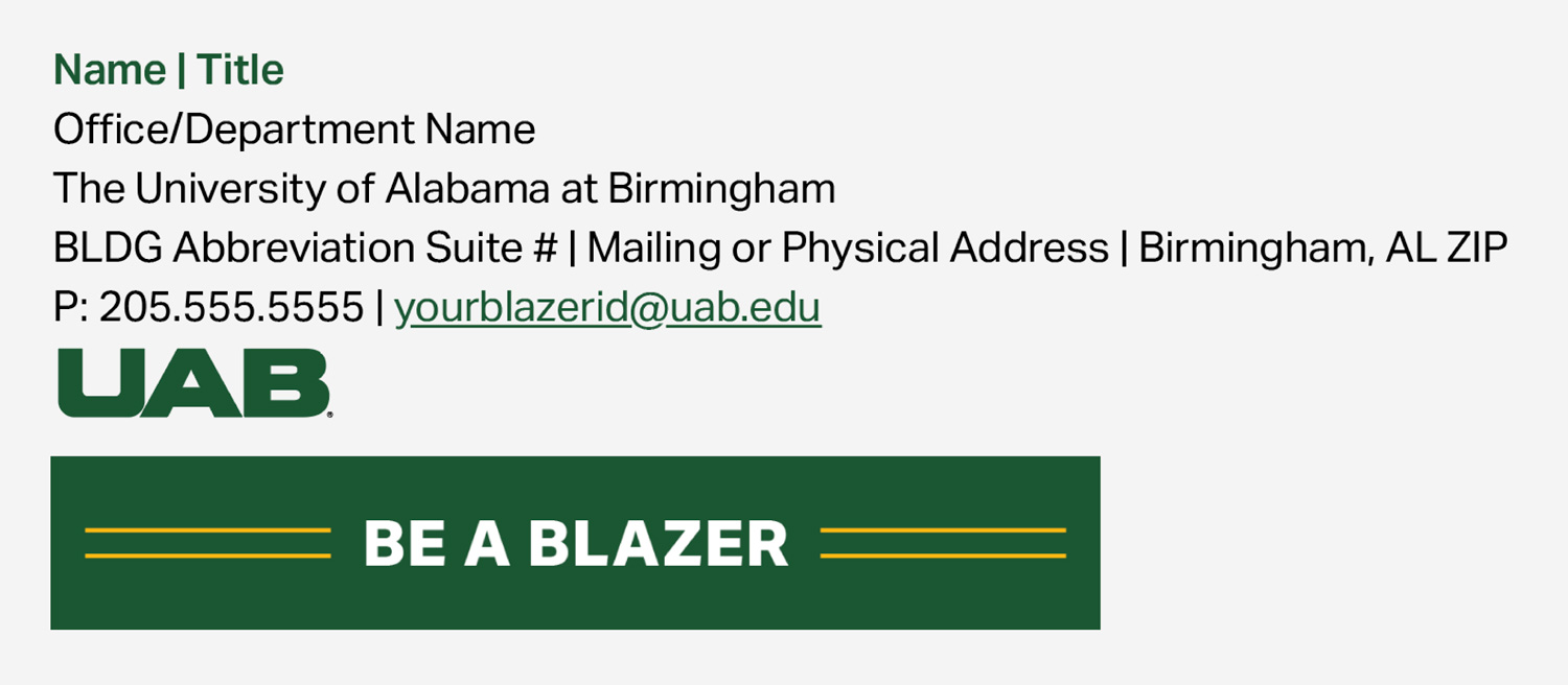 Graphic showing email signature with additional graphics