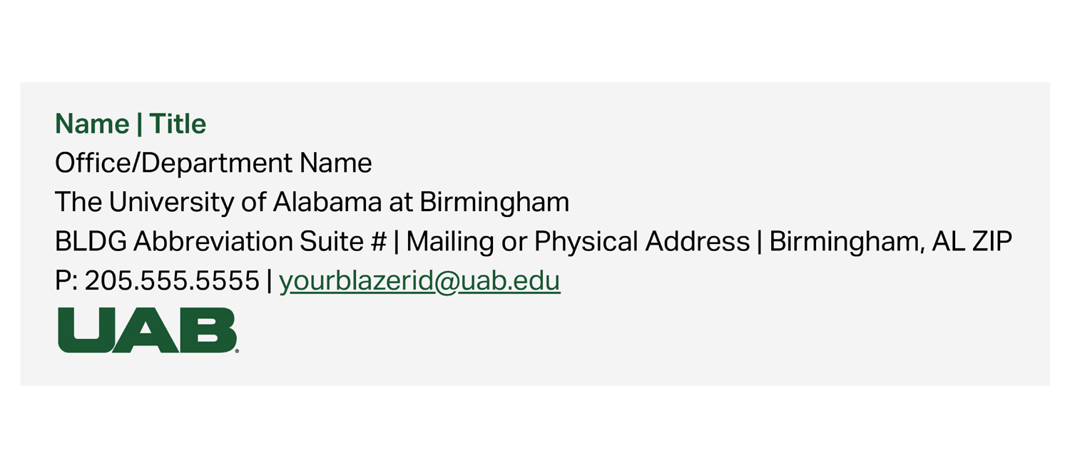 Graphic showing email signature with university name and monogram