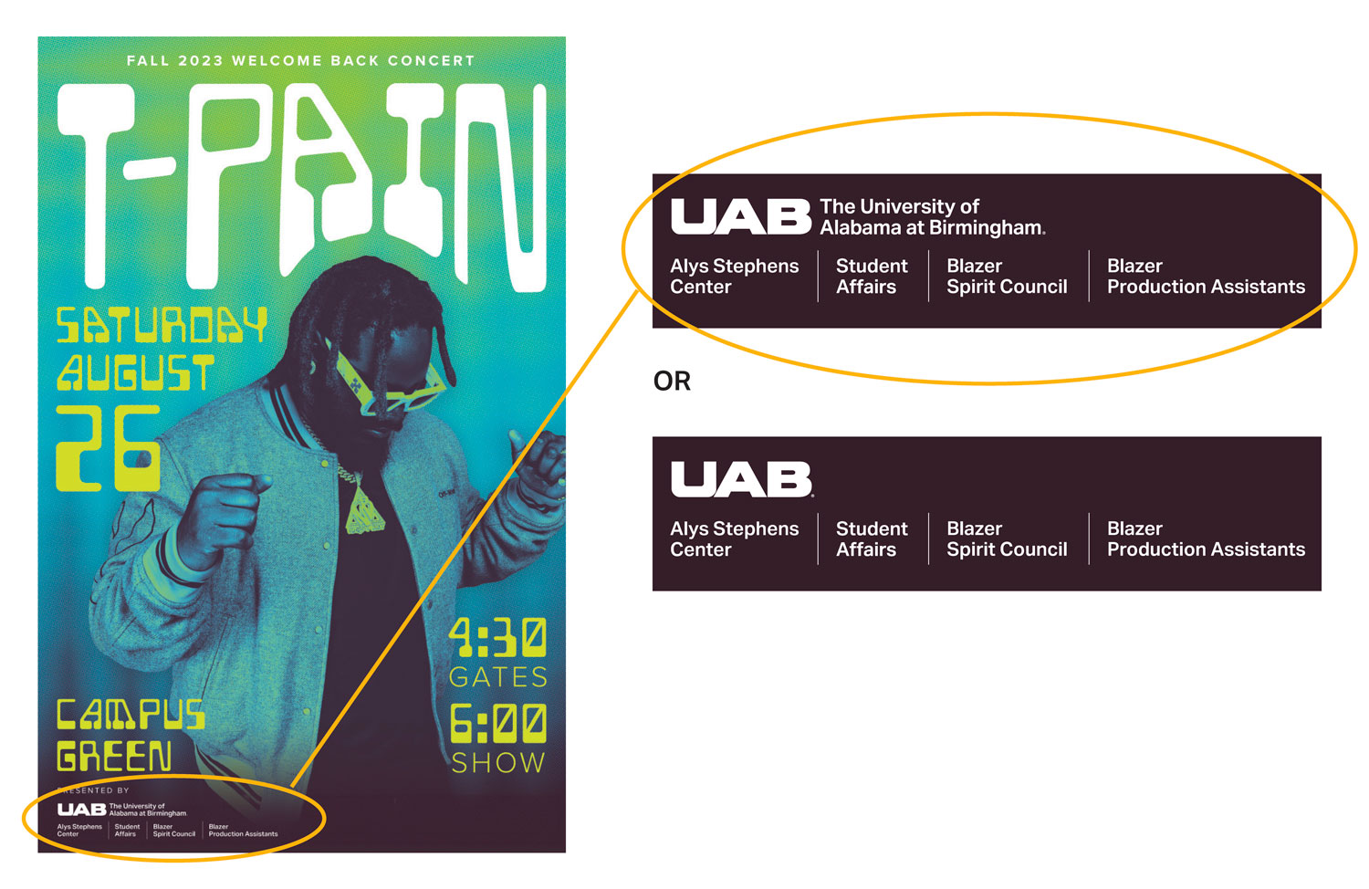 Graphic showing university logo usage along with internal sponsors
