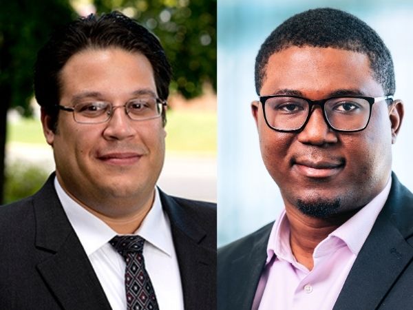 A headshot of a smiling man with short, dark hair wearing a dark suit, tie and glasses and a man with short black hair and glasses wearing a business suit 