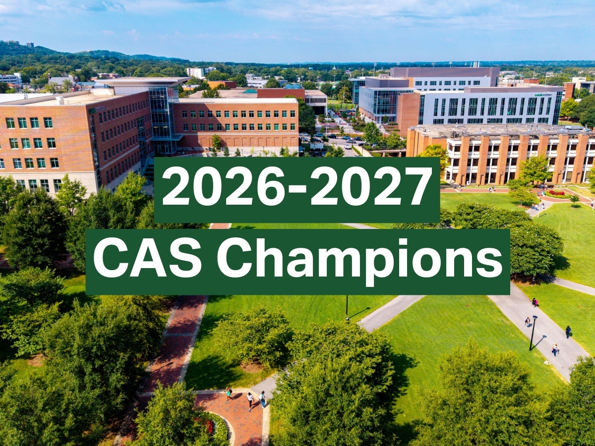Overhead shot of the Campus Green with text stating "2026-2027 CAS Champions"