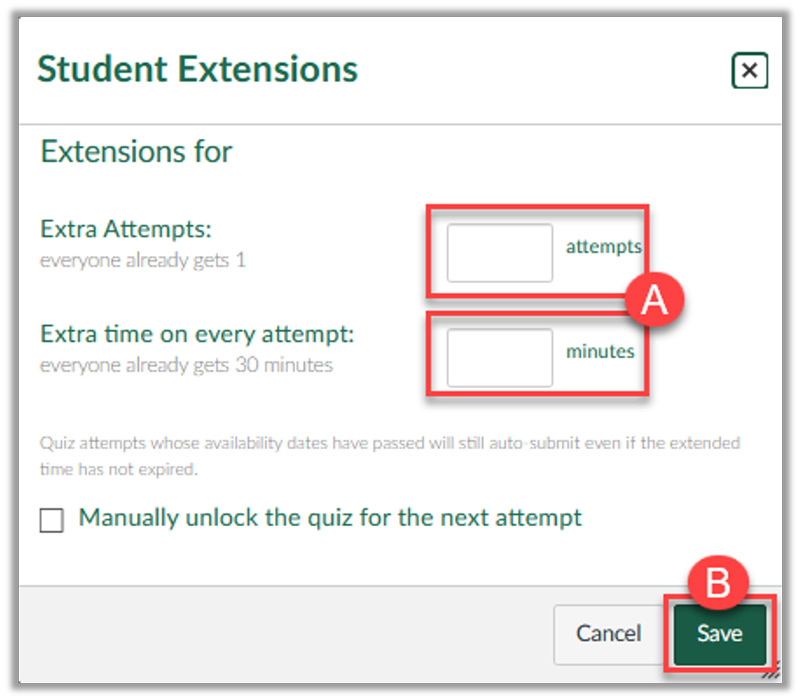 screenshot of student extensions screen with attempt text boxes outlined