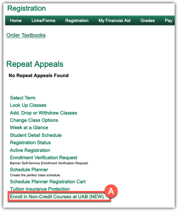 Screenshot showing selection in list of links for students. 