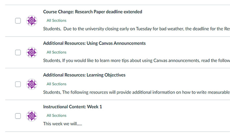 An example of label announcement types in Canvas.