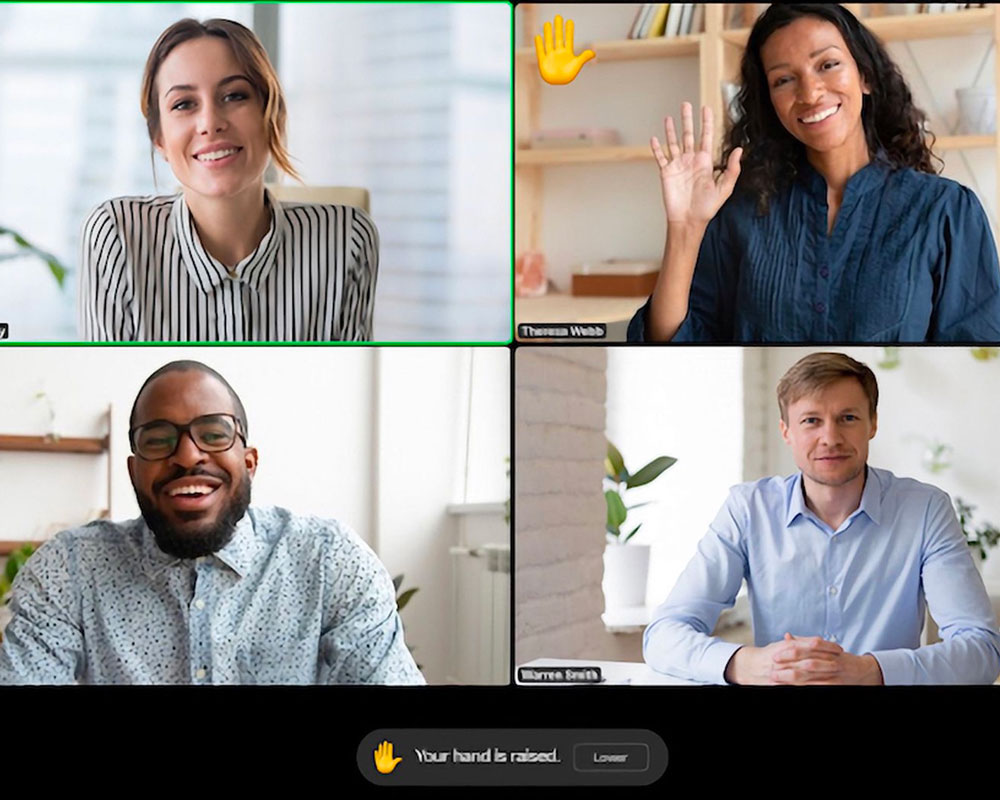 Zoom participants, one using the "raise hand" feature.