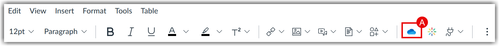 Canvas Rich Content Editor toolbar highlighting the former Office 365 icon used for embedding files.