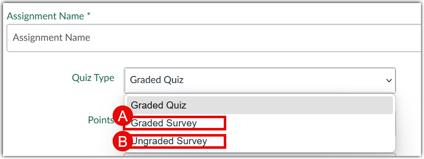 Canvas New Quiz creation dialog with the Quiz Type dropdown open, displaying options including Graded Survey and Ungraded Survey.