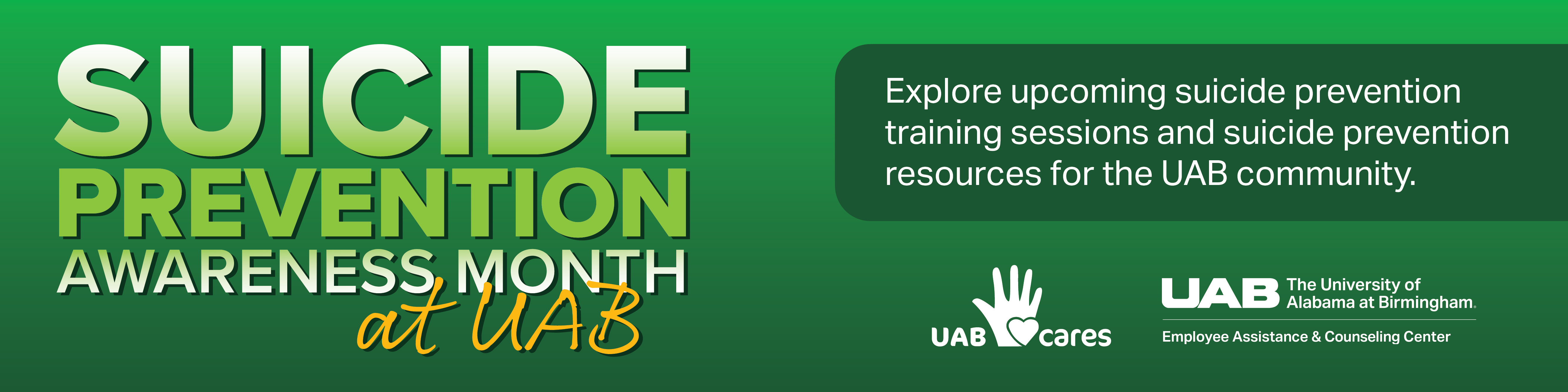 Explore upcoming suicide prevention training sessions and suicide prevention resources for the UAB community.