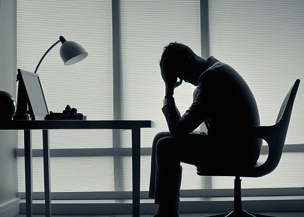 Photo shows the silhouette of a man at his desk hunched over with his head in his hand 
