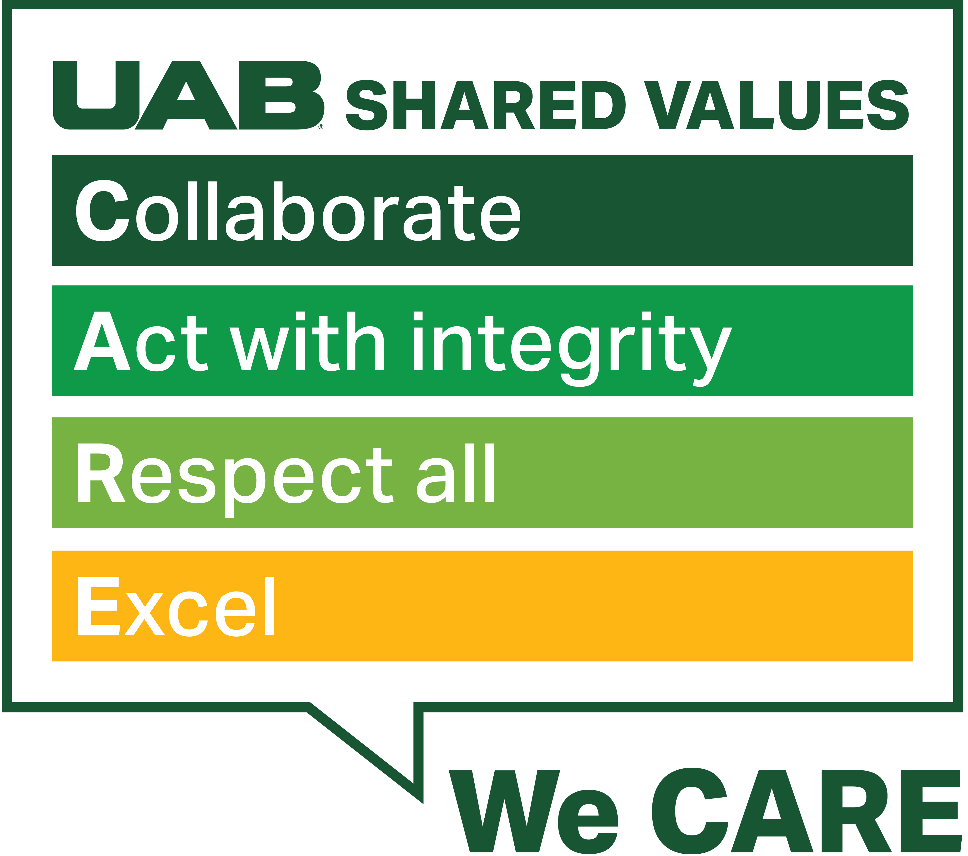Graphic displaying the UAB Shared Values reads We Care: Collaborate, Act with Integrity, Respect All, Excel.