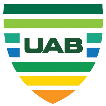 UAB VIP Award logo is a shield of multi-colored stripes with the UAB monogram in the middle.