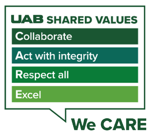 Graphic displaying the UAB Shared Values reads We Care: Collaborate, Act with Integrity, Respect All, Excel.