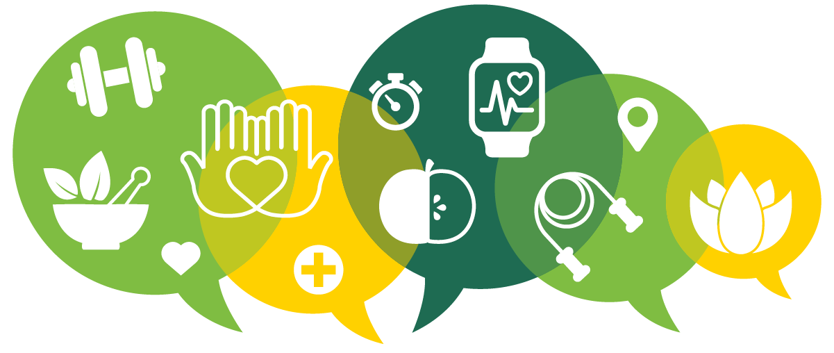 Illustration of green and yellow speech bubbles filled with health and wellness symbols including an apple, a jumprope, a lotus flower and a fitness tracker