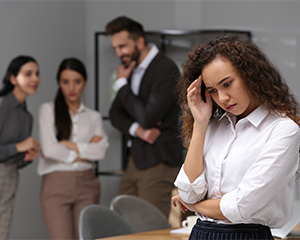 An upset woman hides her face while in the background her co-workers whisper