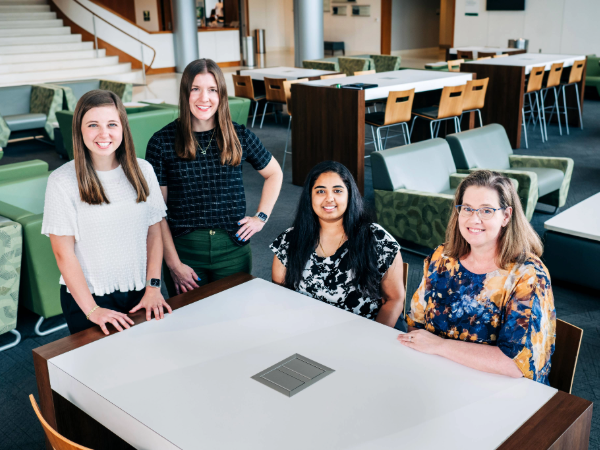 Cori Perdue, Ph.D. (right) with, left to right, Haley Nolen, Hannah Broom and Shivani Palaparthi at the Collat School of Business.
