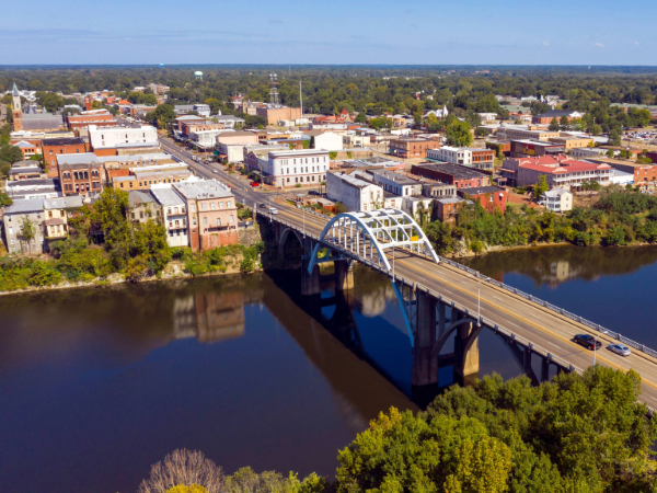 Aerial photo of downtown Selma Alabama and the Pettus Bridge