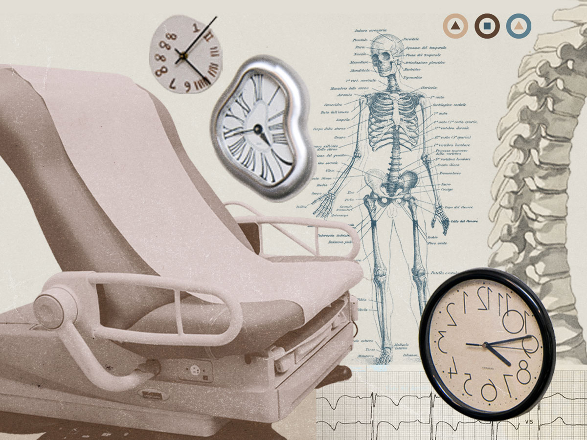 A collage of imagery associated with clinical spaces and medical knowledge. A vintage anatomical skeleton image, a clinic chair, three clocks.
