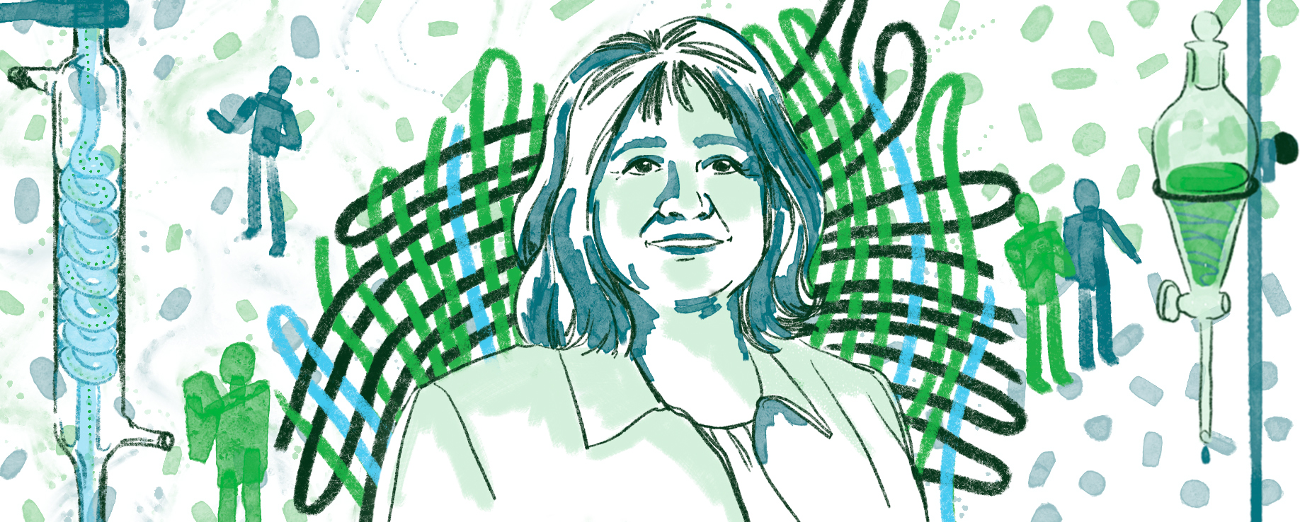 Illustrated green and blue portrait of Dr. Corinne-Augelli-Szafran with woven texture surrounding her.