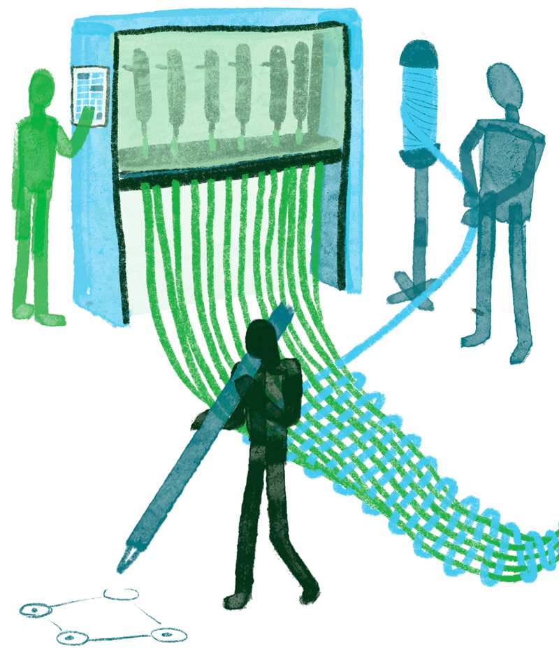 Watercolor illustration of stylized researchers using digital tools and laboratory equipment to design, test, and refine potential drug compounds. Connected pathways link molecular structures, data analysis, and experimentation, representing the drug discovery and optimization process.