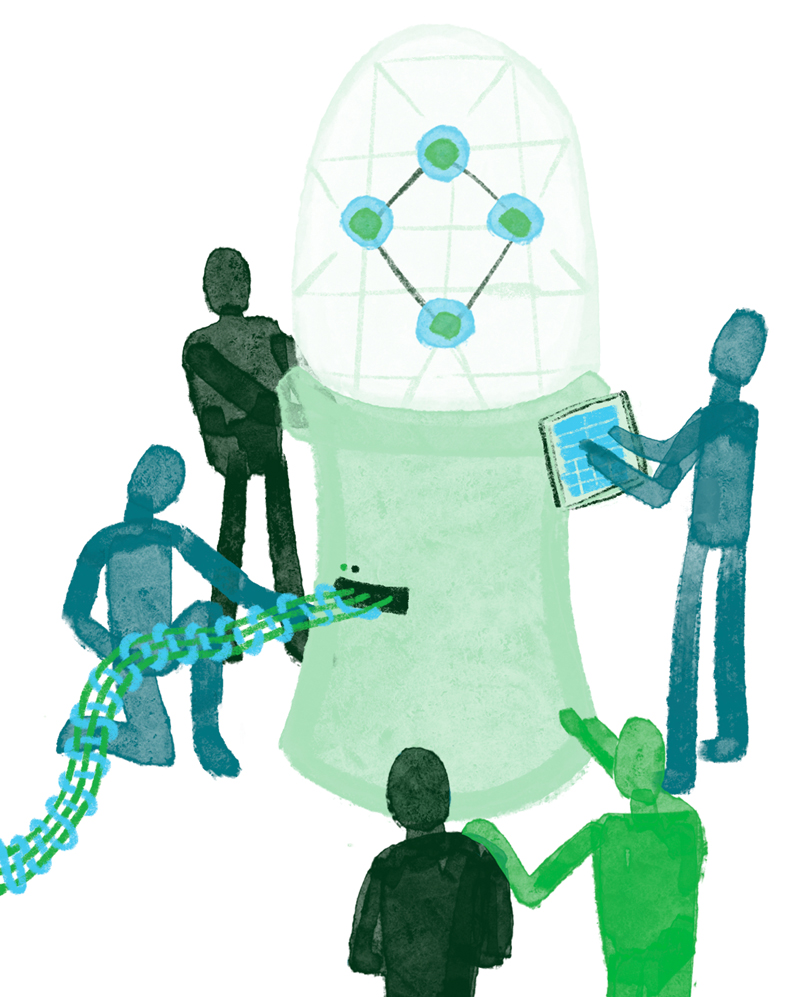 Watercolor illustration of a collaborative drug discovery process in which several stylized researchers gather around a large analytical workstation displaying a connected molecular structure. A DNA strand feeds into the system while one researcher reviews digital data and others evaluate the molecular network, symbolizing the integration of biological insights, computational analysis, and team-based decision-making to identify promising drug candidates.