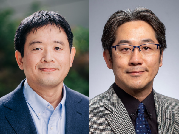 Side-by-side professional headshots of two individuals. The person on the left is wearing a blue blazer and light blue collared shirt. The person on the right is wearing glasses, a patterned gray blazer, a dark shirt, and a blue tie.