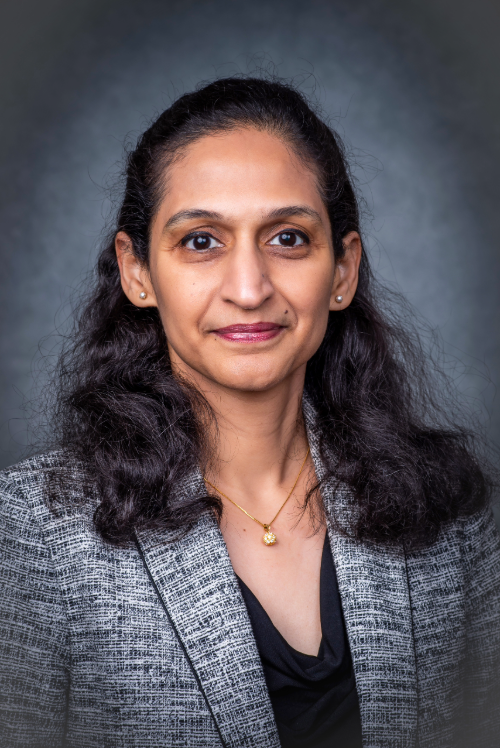 Lalita Shevde-Samant, Ph.D., stands in front of a gray, textured background.