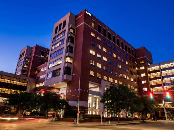Exterior of the North Pavilion of UAB Hospital at dusk