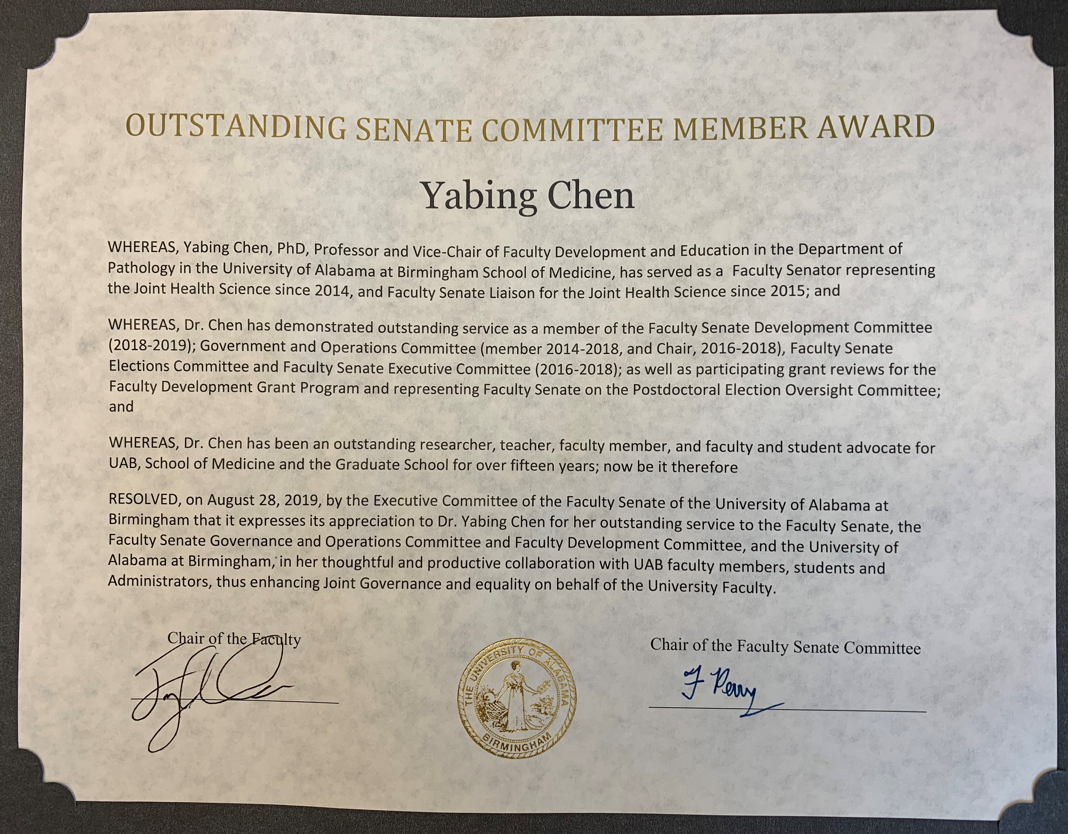 Yabing Faculty Senate Award 2019