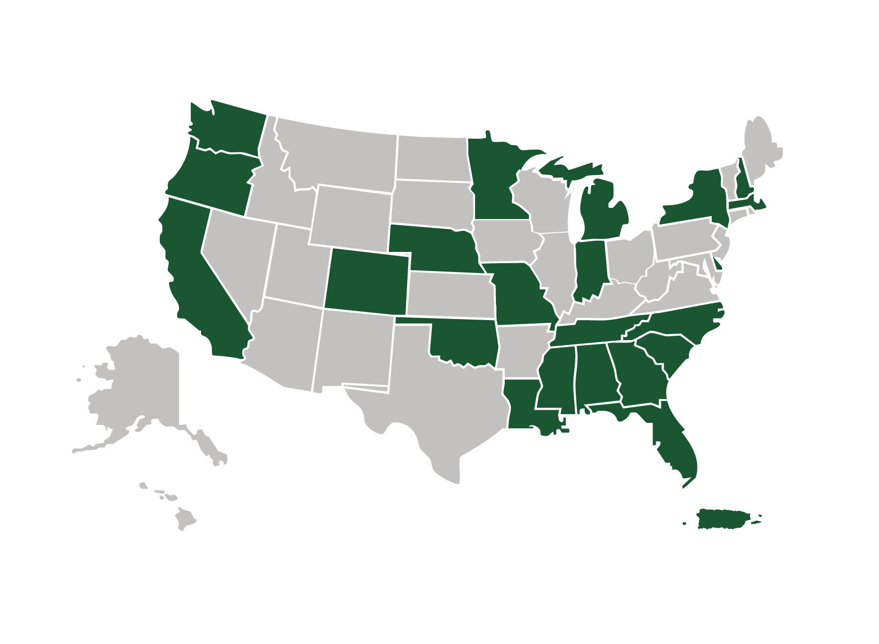 Map of the United States and Puerto Rico, highlighted to show the sates where alumni of the Radiation Oncology Residency Program work.