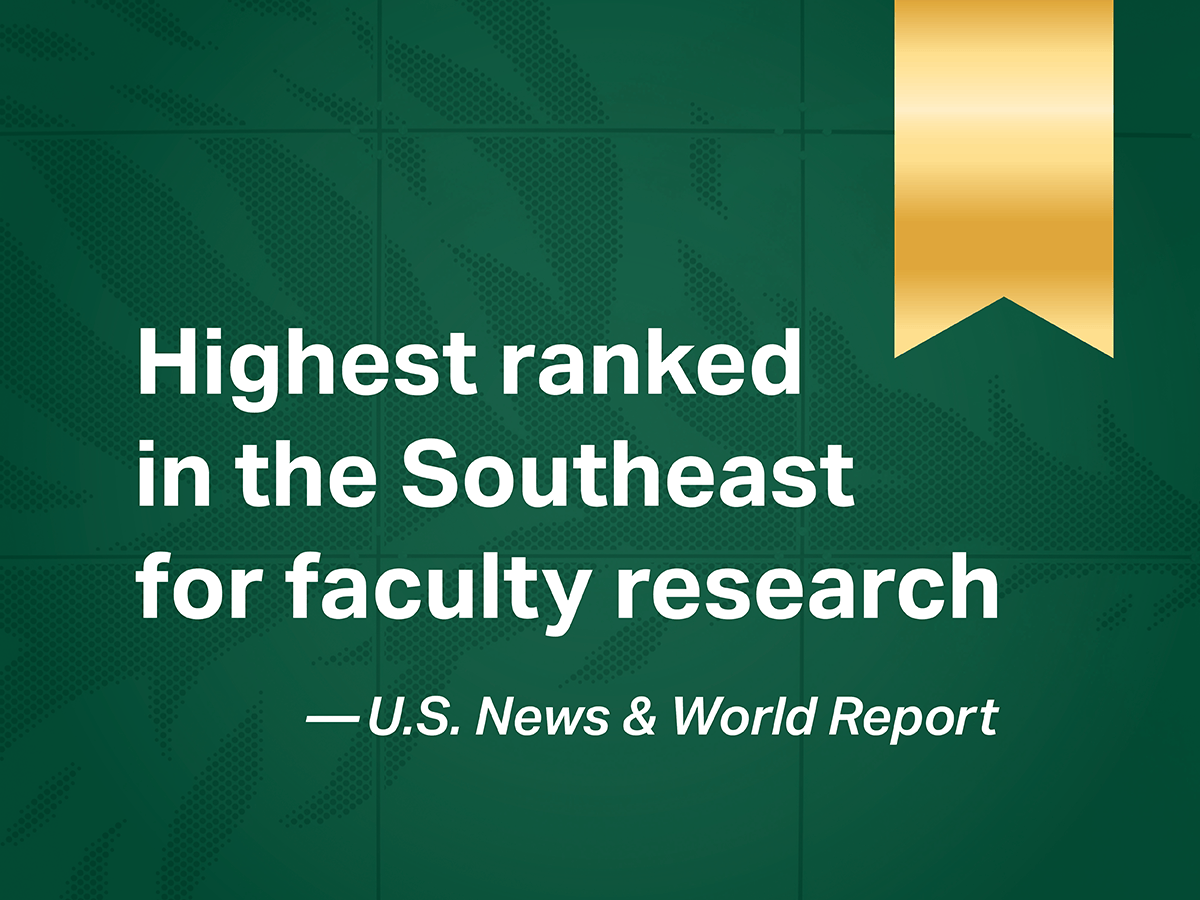 Green UAB graphic with white text that says "Highest ranked in the Southeast for faculty research - U.S. News & World Report"