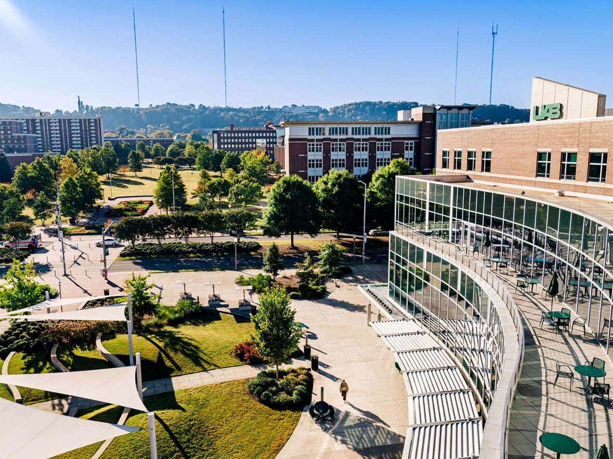 Drone of Campus Green and the Hill Student Center looking south with Heritage Hall and residence halls in the background.