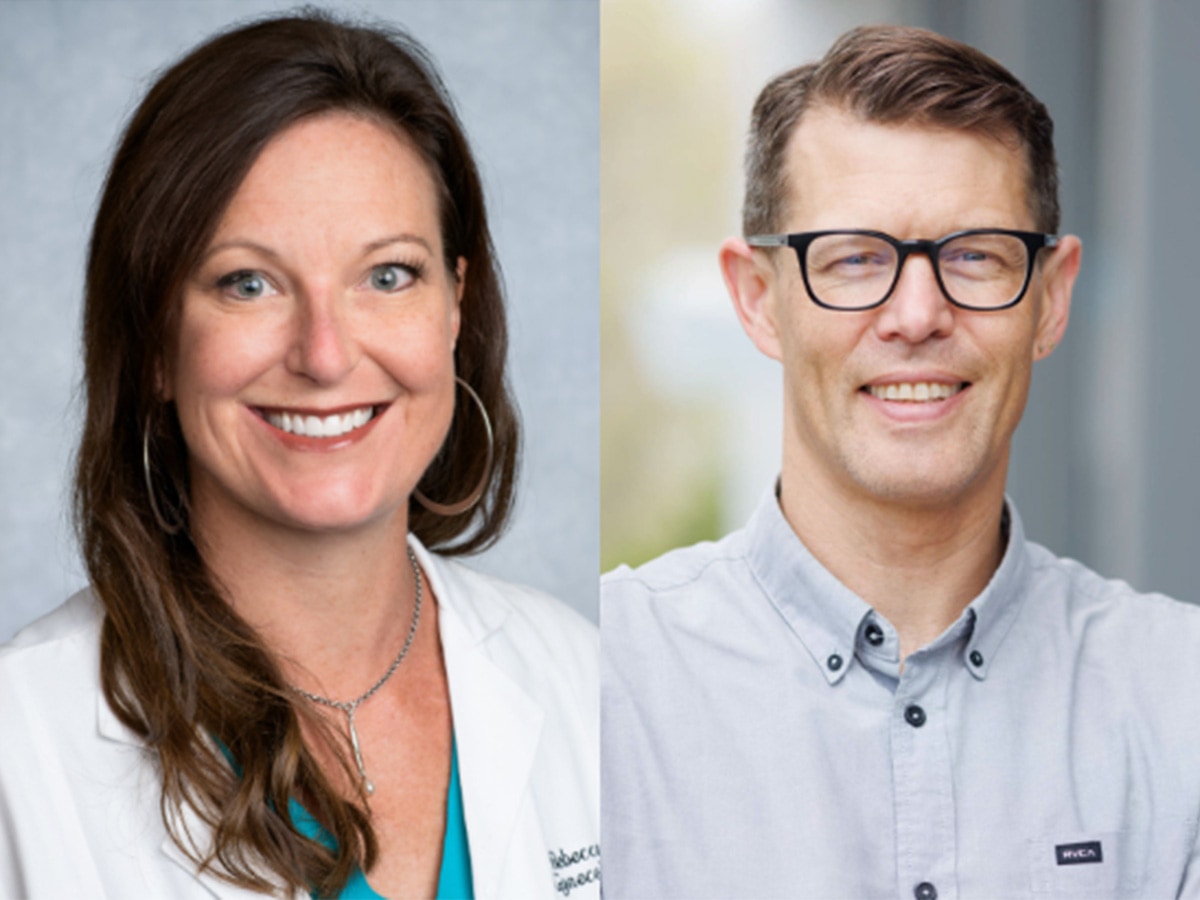  Headshot of Rebecca Arend (M.D.) and Ben Buelow (M.D.).