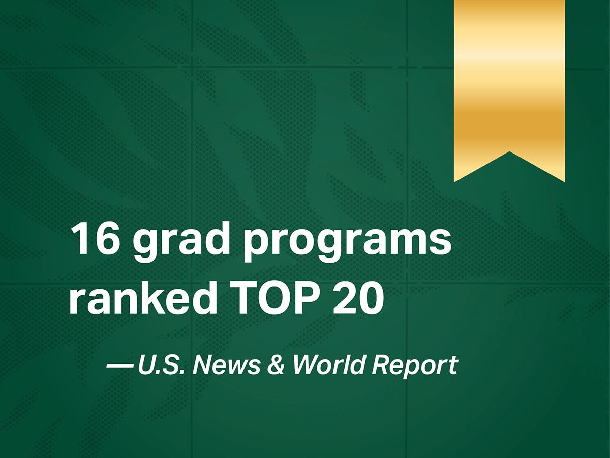UAB graphic with green background and the text "16 grad programs ranked TOP 20- U.S. News & World Report" in white text.