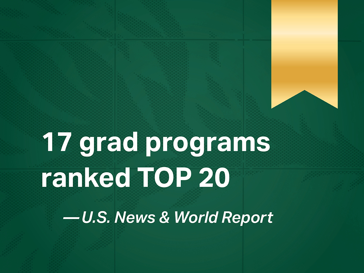 UAB graphic with green background and the text "16 grad programs ranked TOP 20- U.S. News & World Report" in white text.