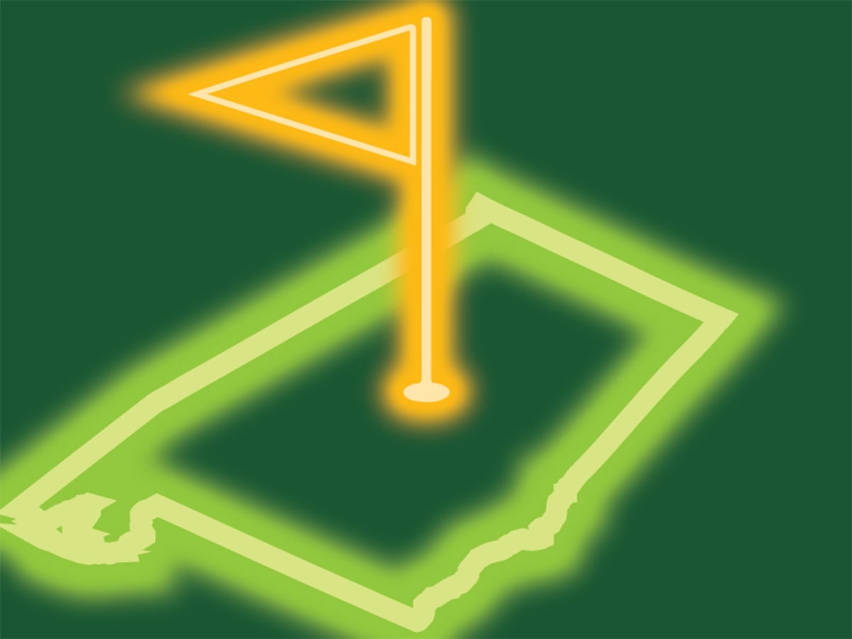 A neon green outline of the state of Alabama on green background with a neon yellow golf flag stuck in the center of the state.