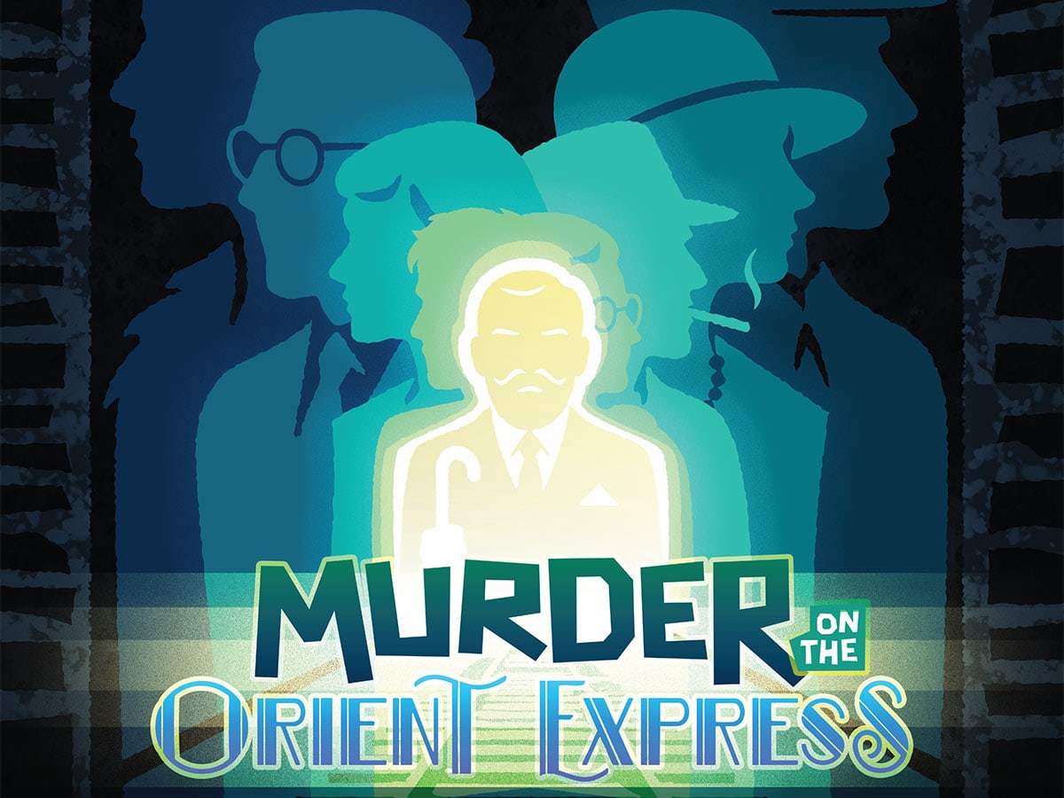 A dark background displaying eight silhouettes in various green and blue shades of several characters surrounding a glowing figure about the title 