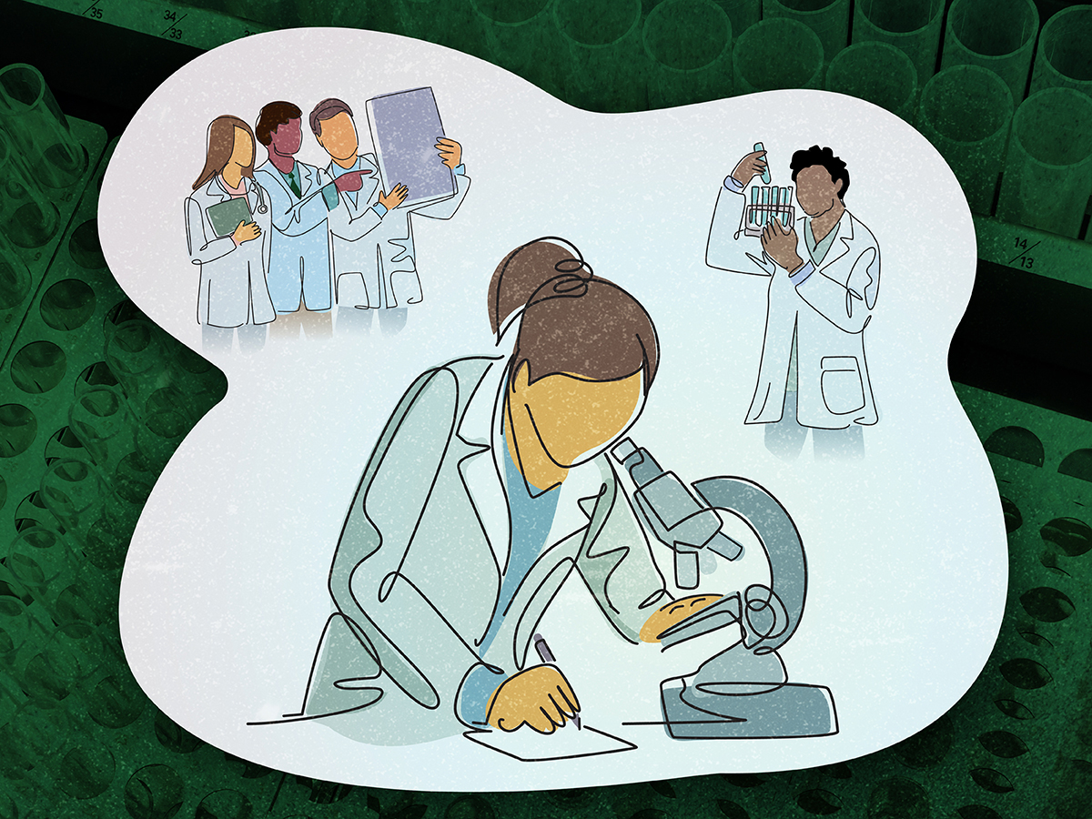 Illustration of researchers looking through a microscope, holding a folder and other equipment