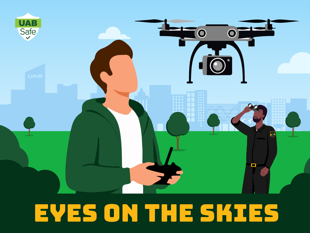 drone operator flying on campus