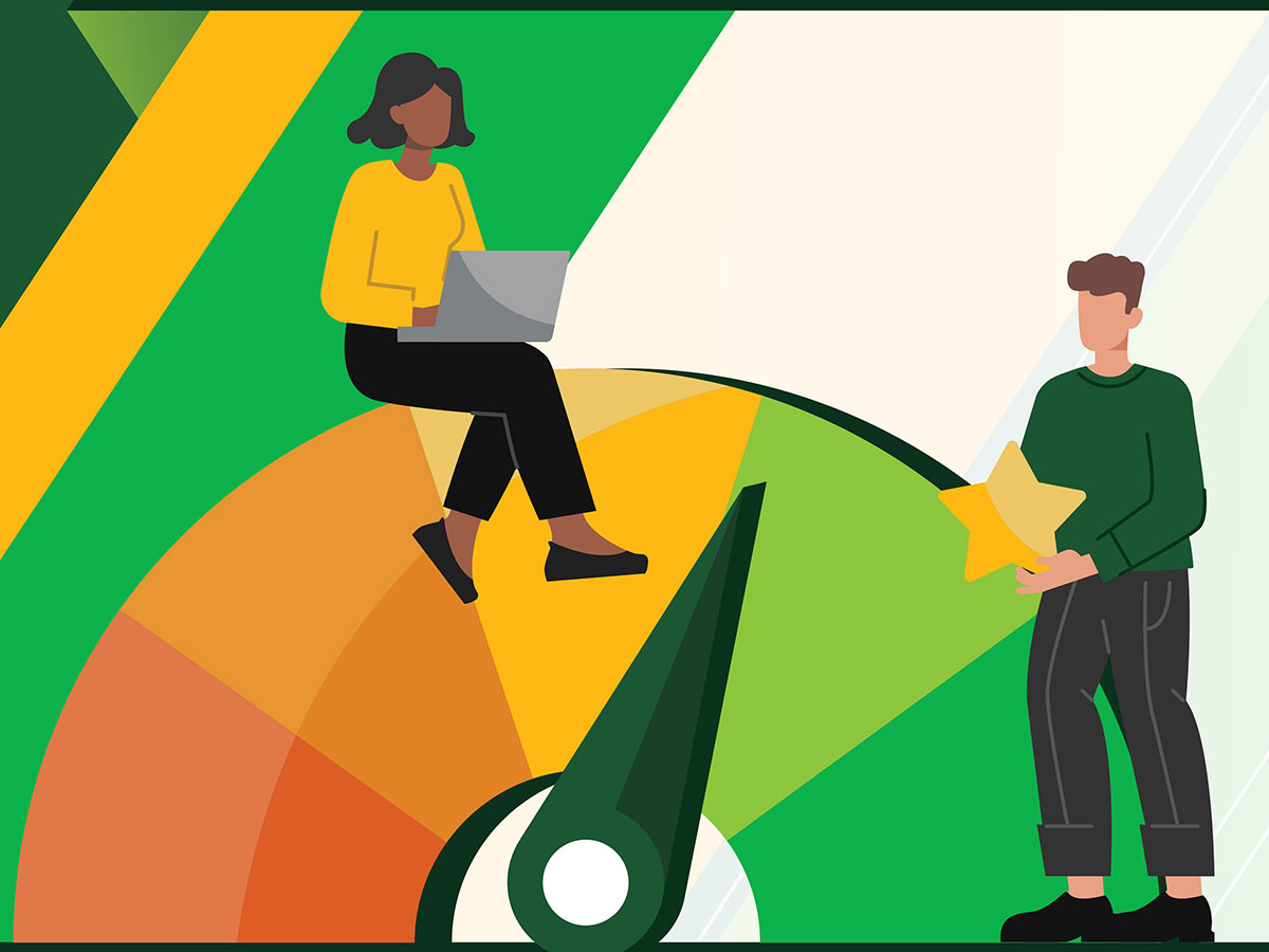 A female employee with laptop sits on a multi-colored gauge, pointing at green, while a male employee stands nearby holding a star in this illustration