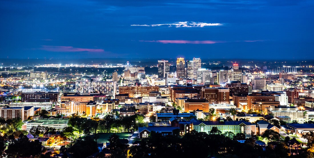 The Birmingham skyline at night.
