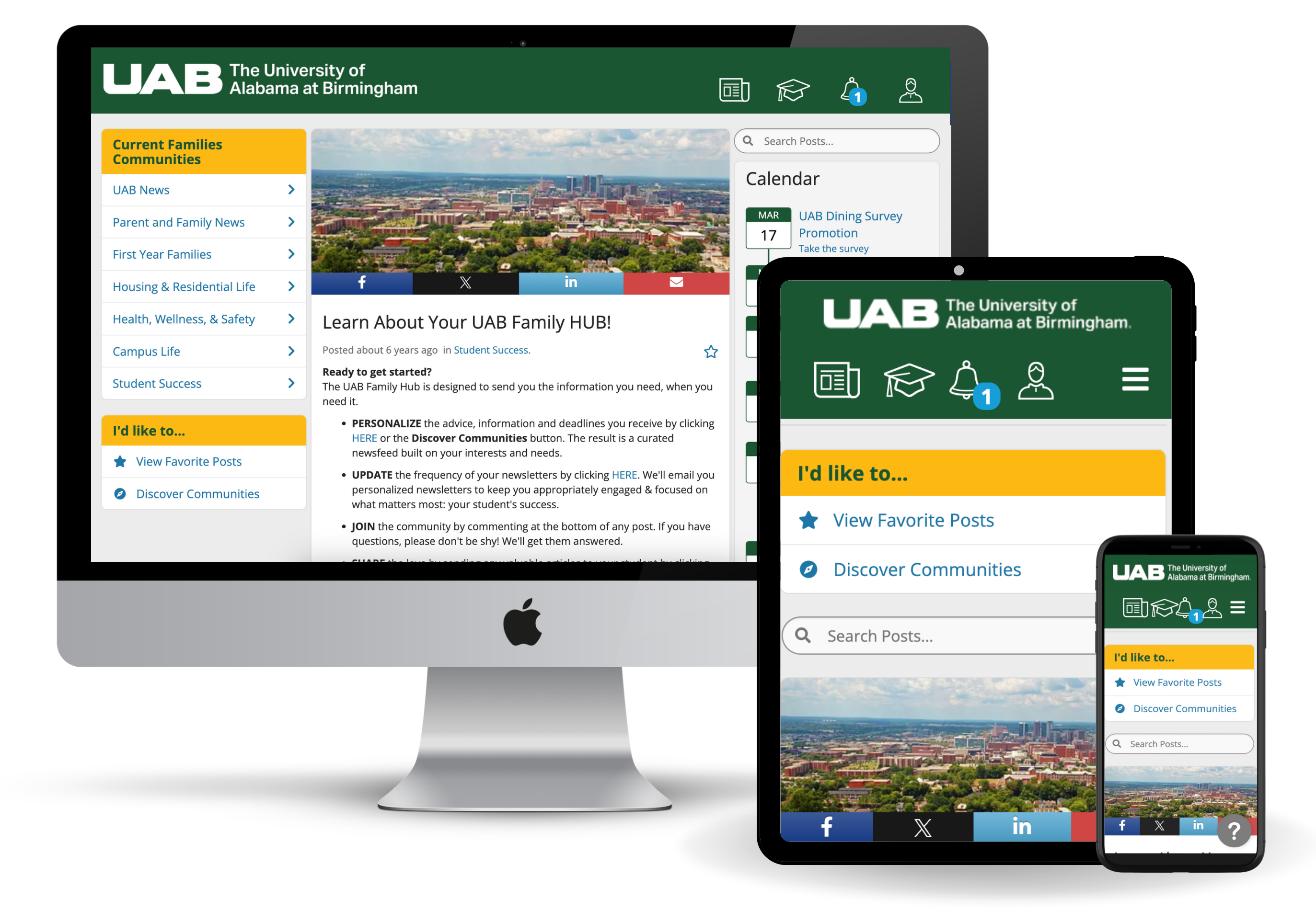 vector image of an iMac and iPad displaying the UAB family hub website