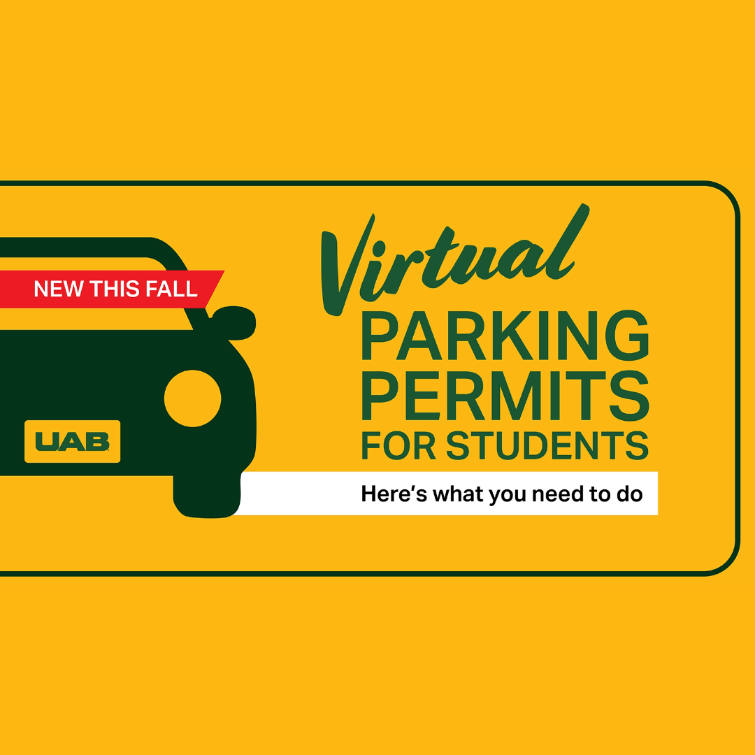 car graphic on uab gold background, includes text that reads New this Fall: Virtual parking permits for students; here's what you need to do 
